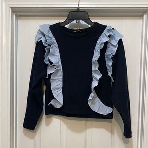 Zara -cottage core knit sweater black with blue & white ruffle - size S